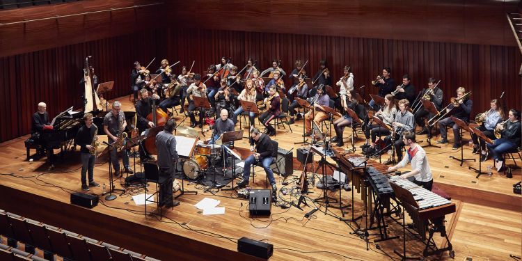 Guildhall Studio Orchestra on stage in Milton Court Concert Hall for a rehearsal