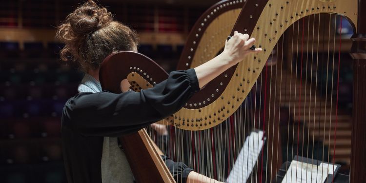 Harp player tuning their harp