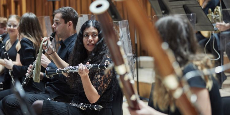 Wind sections in an orchestral rehearsal