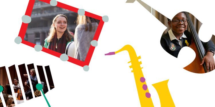 Top left is a photo of a girl, outlined by a red illustrated frame covered in spotlights and bottom left is a photo of an orchestra in the middle of a green illustrated glockenspiel. Top right is a photo of a boy outlined by the shape of a violin and bottom right is a yellow illustrated saxophone.