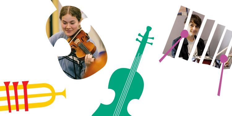 Top left to right: a photo of a girl playing the violin outlined by the shape of a guitar; a photo of a boy playing the drums outlined by the shape of a glockenspiel. From bottom left to right: an illustration of a yellow and red trumpet; an illustration of a green violin.