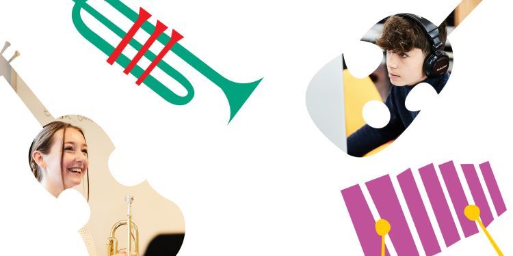 Top left to right: an illustration of a green and red trumpet; a photo of a boy wearing headphones outlined by the shape of a guitar. From bottom left to right: a photo of a girl with a trumpet outlined by the shape of a trumpet; an illustration of a purple and yellow glockenspiel.