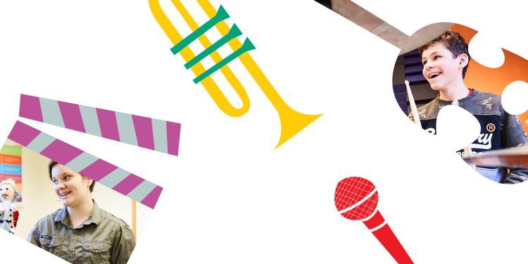Top left is an illustration of a yellow and green trumpet and bottom left is a photo of a girl holding a puppet, outlined by an illustration of a clapper board. Top right is a photo of a boy playing the drums outlined by the shape of a guitar and bottom right is an illustration of a red microphone.