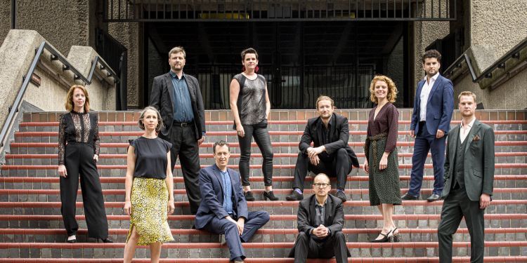 Exaudi choir standing on Barbican steps