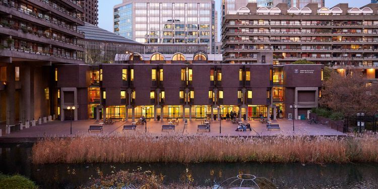 The Silk Street building and lakeside terrace at night