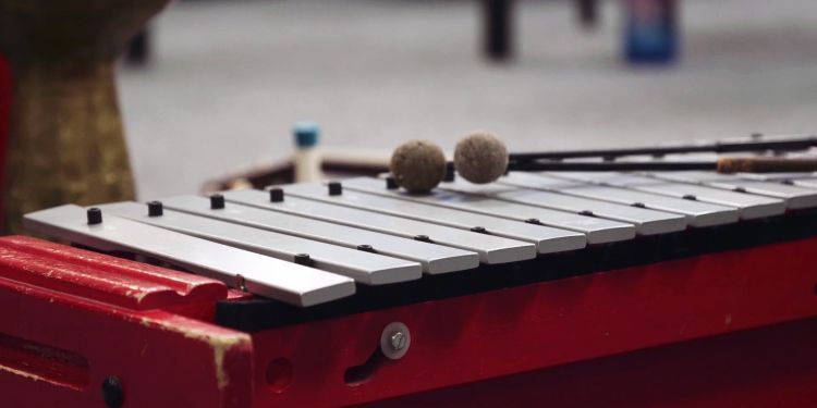 A picture of a red glockenspiel used for music therapy