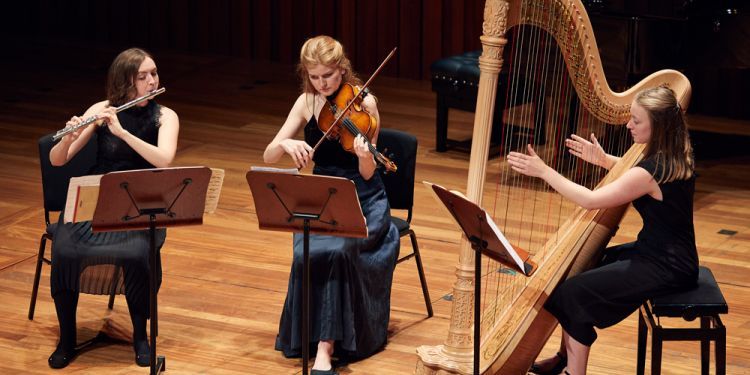 performers playing harp and violin onstage