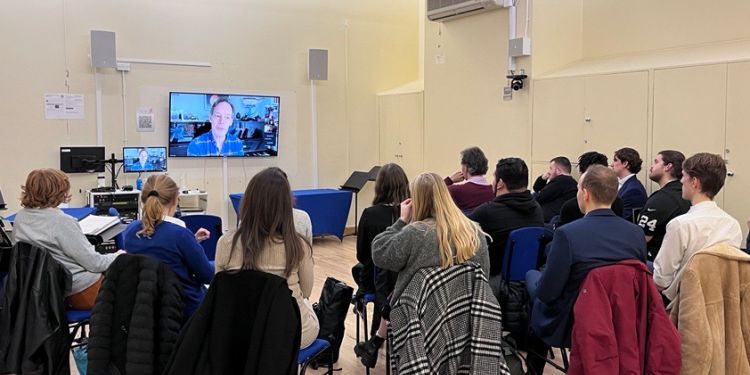 Composer Jake Heggie speaking via zoom to Guildhall School staff and students