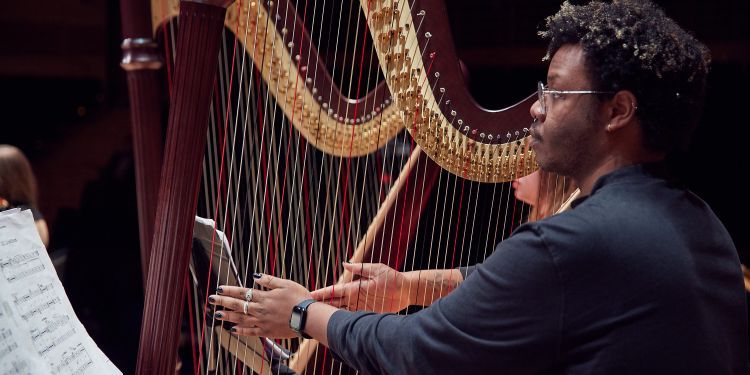 Male student playing the harp