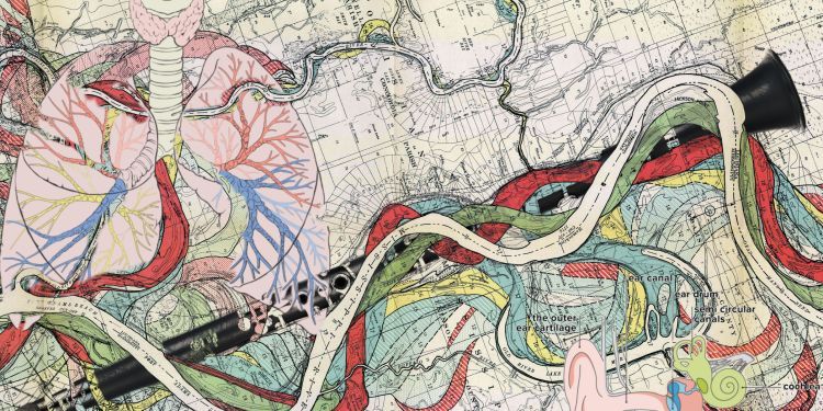 Photo of an oboe on top of an illustrated map