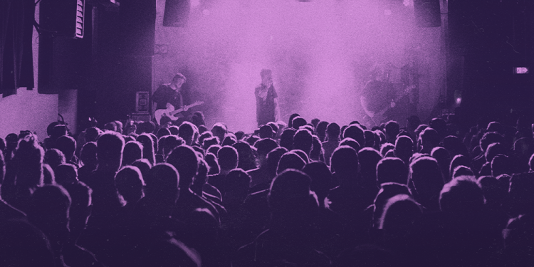 Crowd at a gig, with a singer, guitarist and drummer on stage