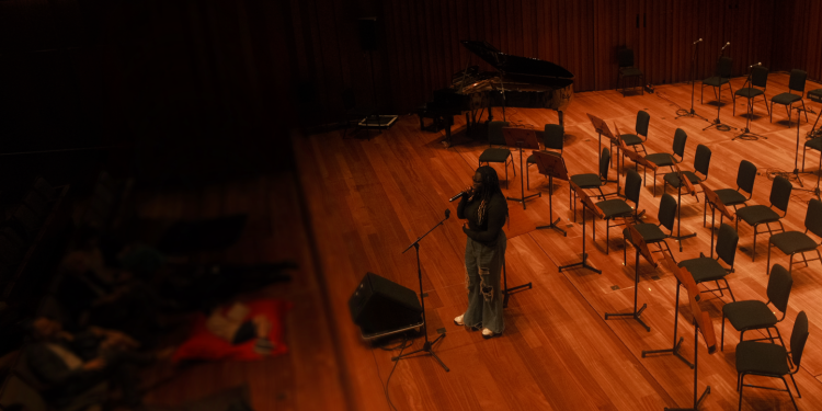 Singer performing at front of stage