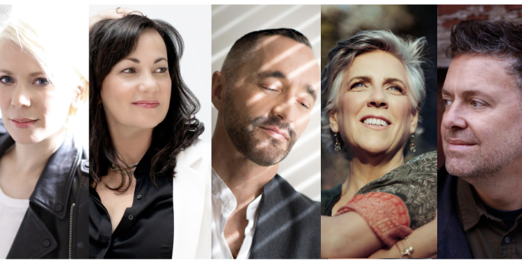 A row of five artist headshots, featuring the members of vocal supergroup MOSS