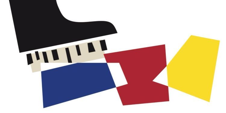 Cartoon of a piano next to three red, blue and yellow shapes
