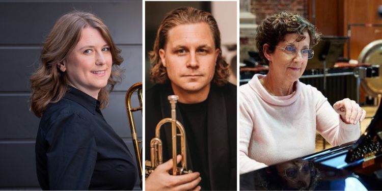 Helen Vollam holding trombone, Phil Cobb holding trumpet, and Liz Burley at the piano