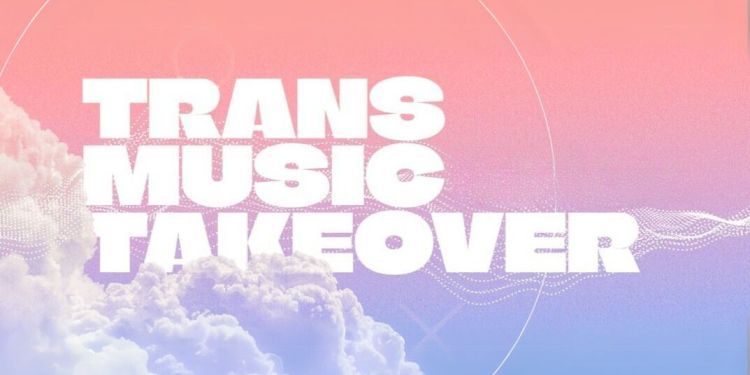 Trans Music Takeover - white letters in pink and purple cloudscape