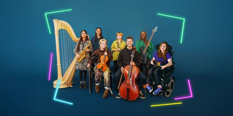 Seven instrumentalists from the National Open Youth Orchestrasmiling at camera surrounded by colourful neon vectors