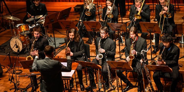 Photo of the Big Band performing on stage at Milton Court Concert Hall