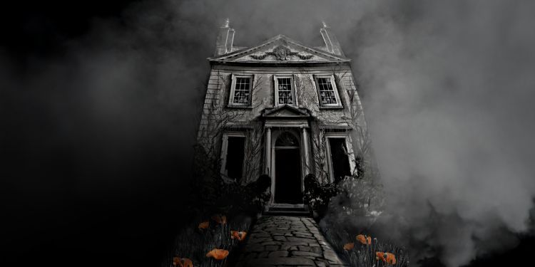 In the centre of the image is a stone path with orange flowers either side leading to a grey historic house with ivy growing up it surrounded by grey smoke and clouds either side