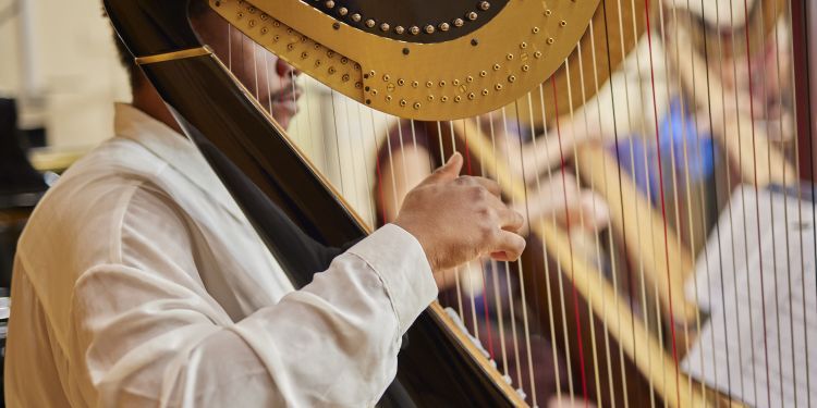 Close up shot of the harp with a student wearing a white shirt playing 
