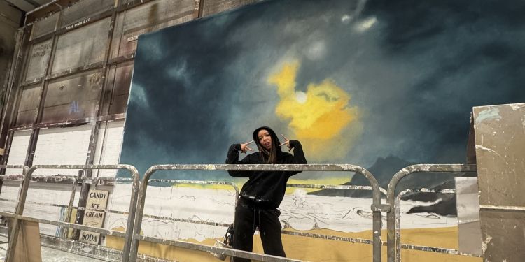 Design Realisation student, Naomi, working on backdrop for Pirate film project