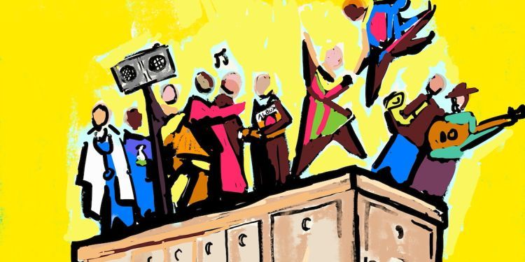 A cartoon drawing of multiple people standing in a group playing music on top of a building