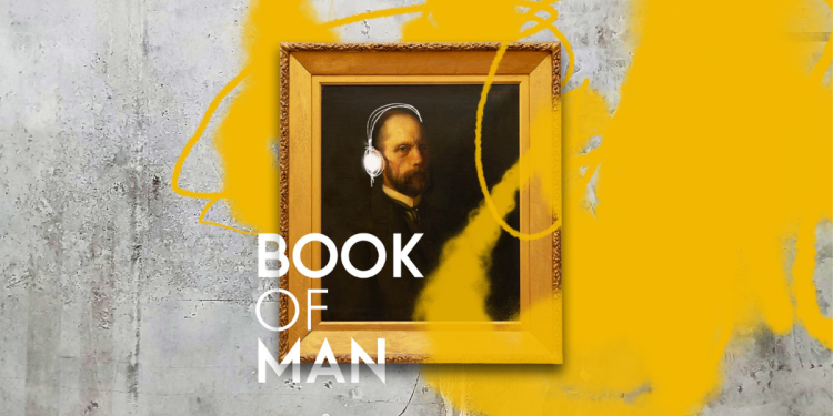 A concrete wall with a framed image in the centre with yellow spray paint over it with the text overlay 'BOOK OF MAN'