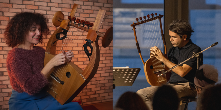 Collage image of Linea Palera and Theodore Koumartizs playing lyre