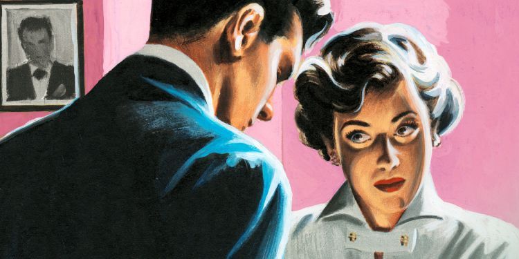 An illustrated image of a man and a woman in the 1950s facing one another, against a pink backdrop
