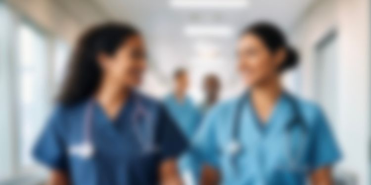 Blurred image of two doctors walking and looking at one another smiling
