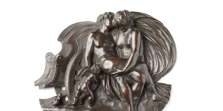 bronze plaquette depicting Venus and Adonis - Atalanta Fugiens ceramic artwork of two figures holding one another- Credit V&A 