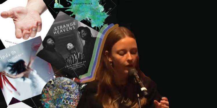 Molly Davies surrounded by Linda May Han Oh album covers