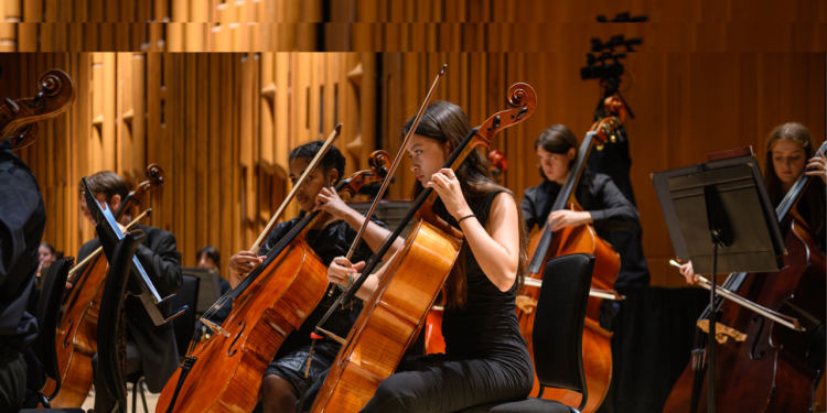 Young musicians playing the double bass during a performance, dressed in black