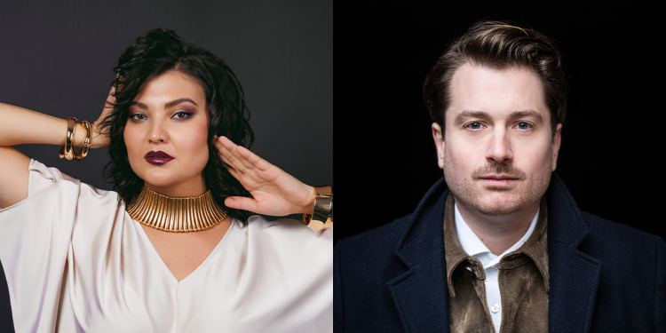 Side by side head shot of female and male musicians