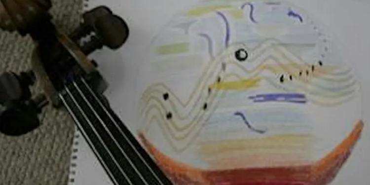 The strings of a violin next to a drawing on a piece of paper 