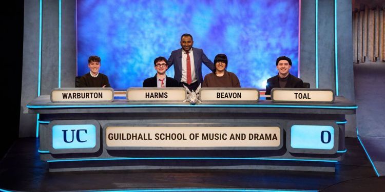 Sam Warburton, Jamie Harms, Tara Beavon and Dáire Toal on the University Challenge set with Amol Rajan