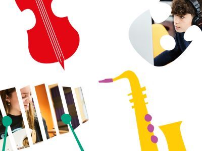 Illustrations of musical instruments interspersed with photos of young students