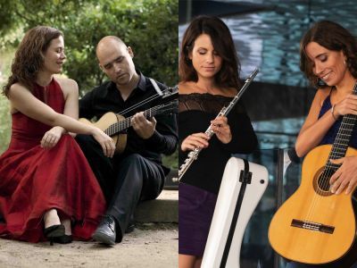 Three women and one man playing guitar