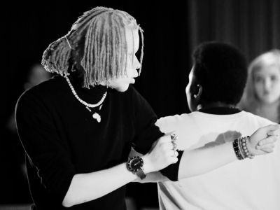 black and white photo of performer