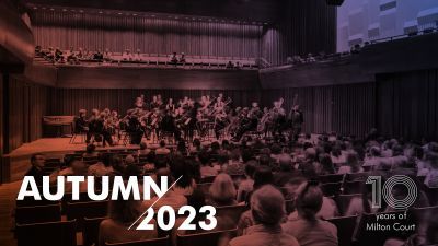 Milton Court Concert Hall with Autumn 2023 and MC10 logos