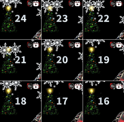 A screenshot from an Instagram grid. There are 9 squares, each displaying a number from 16-24. Each is decorated with snowflakes and a Christmas tree.