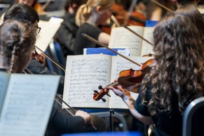 Violin section from the back of the stage, with a view of the score