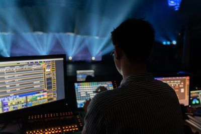 theatre technology student working on the moving screens project