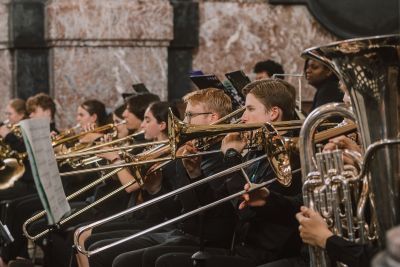Students from the London Schools Symphony Orchestra rehearsing on tour in Belgium