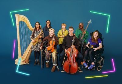 Seven instrumentalists from the National Open Youth Orchestrasmiling at camera surrounded by colourful neon vectors