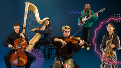 Members of the National Open Youth Orchestra playing their instruments surrounded by colourful neon vectors