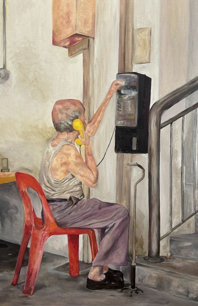 Oil Painting Reminiscing the Use of Traditional Payphones in Singapore