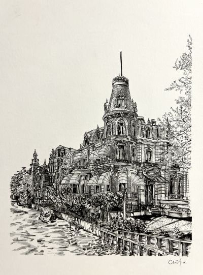 Landscape Ink Drawing of old large house by a river