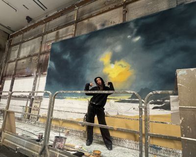 Design Realisation student, Naomi, working on backdrop for Pirate film project