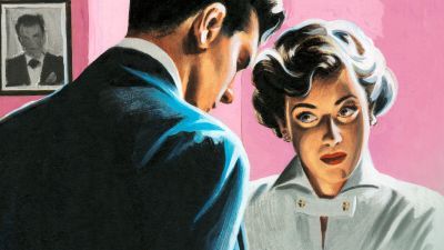 An illustrated image of a man and a woman in the 1950s facing one another, against a pink backdrop